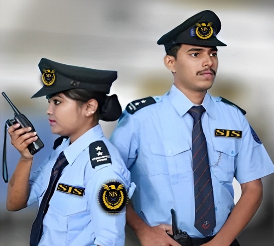 Security Guard for building in   standing outside commercial building